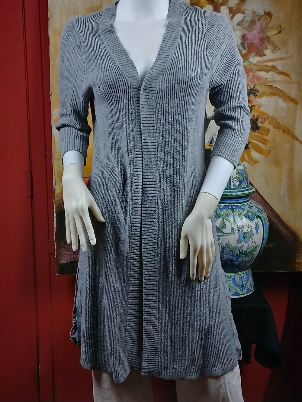 Women’s Ribbed Open-Front Knit Dress Cardigan - Gray